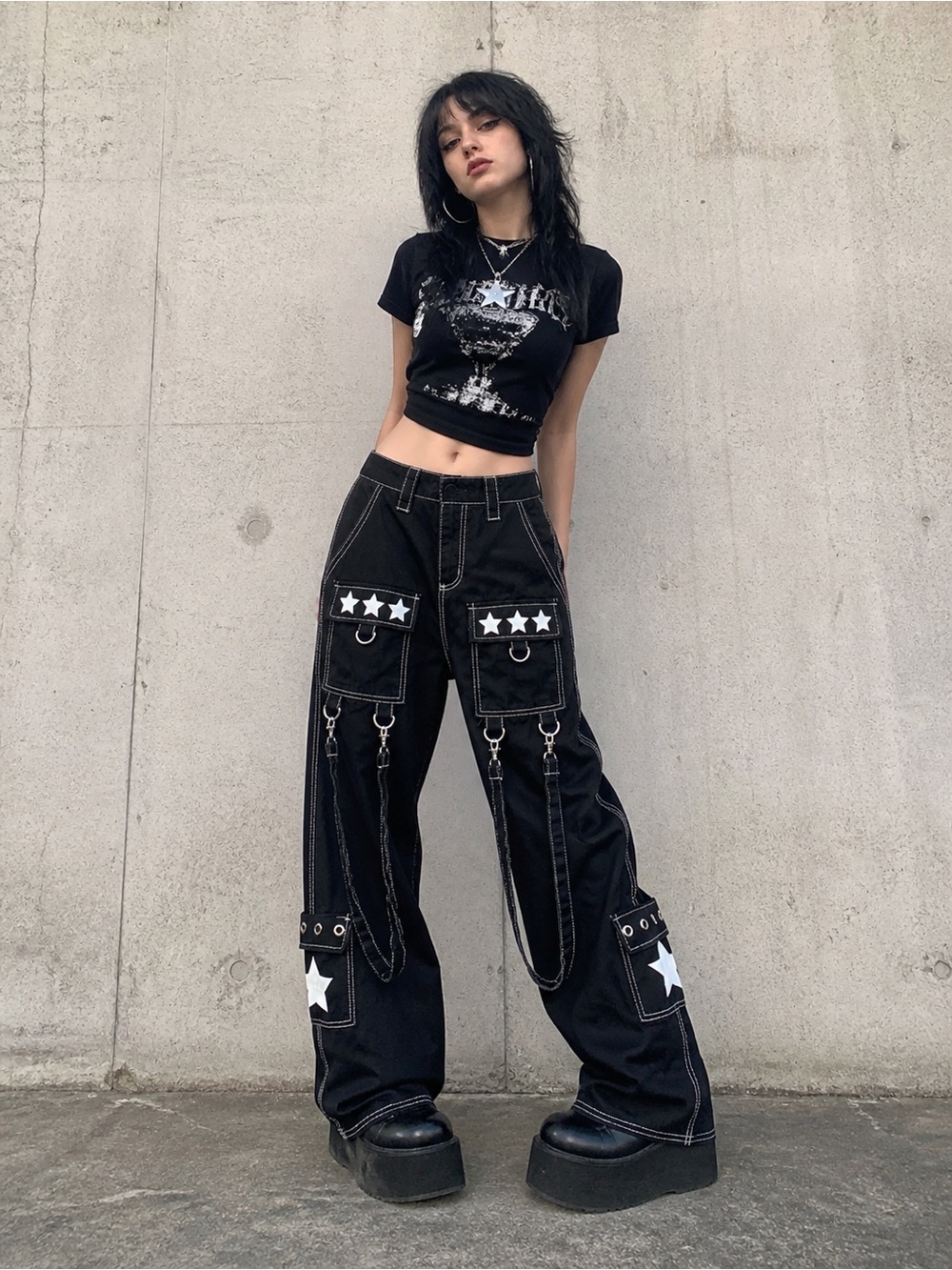 Hot Topic Black Skater Pants Cargo Wide Leg Y2K Goth Punk Strap Tripp Style Sz 5